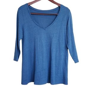 Eileen Fisher Linen Vneck Tshirt Blue 3/4 Length Sleeves